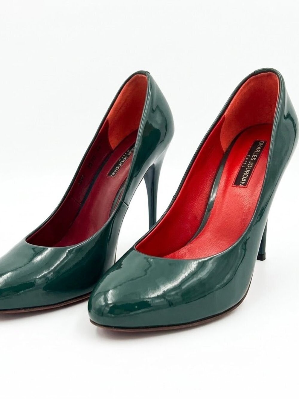 Vintage 90s Charles Jourdan Emerald Green Patent Pumps w/ Winged Flare Stiletto